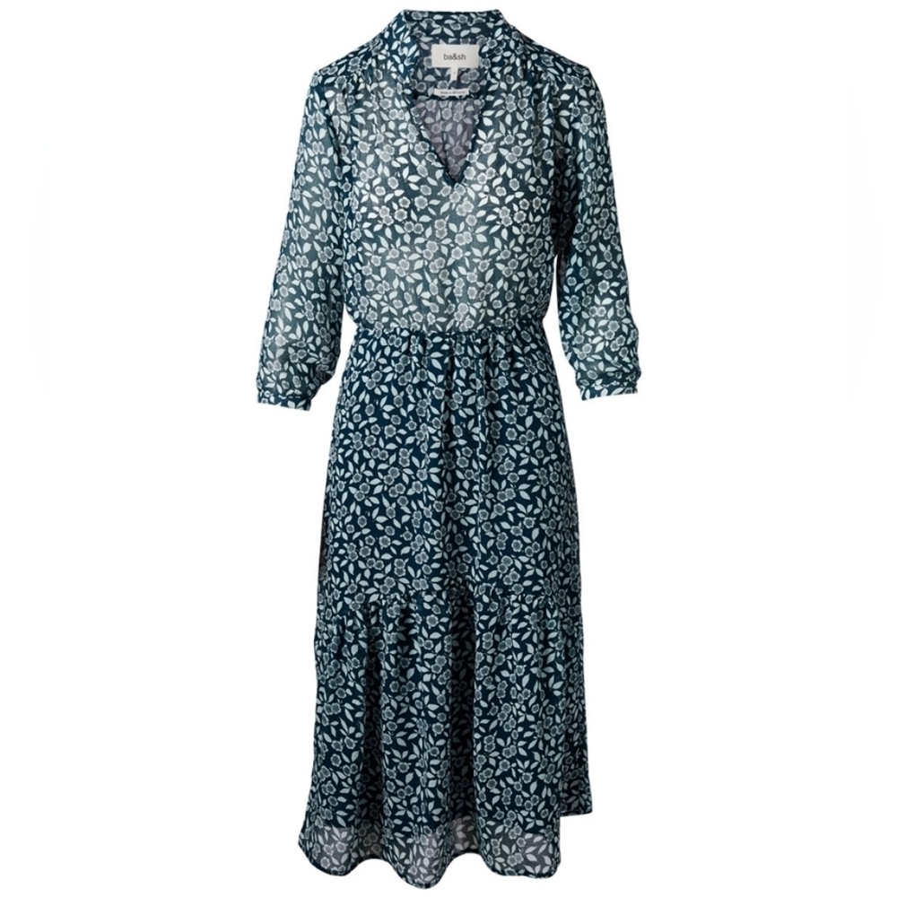 ba&sh Bleupaon V neck Floral Long Sleeve Midi  Dress